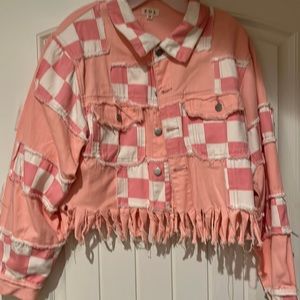 Boho pink and white jean jacket. Never worn. Size M